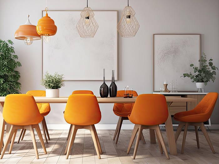 Bright orange seats at a wooden dining table.