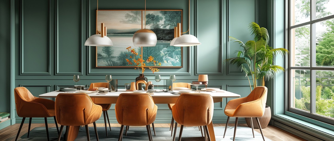 Elegant dining room with brown leather chairs and fixture lighting.